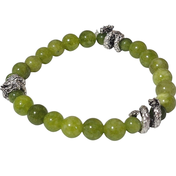Handcrafted Unisex Jade Bead and Pewter Dragon Bracelet - Picture 3 of 4